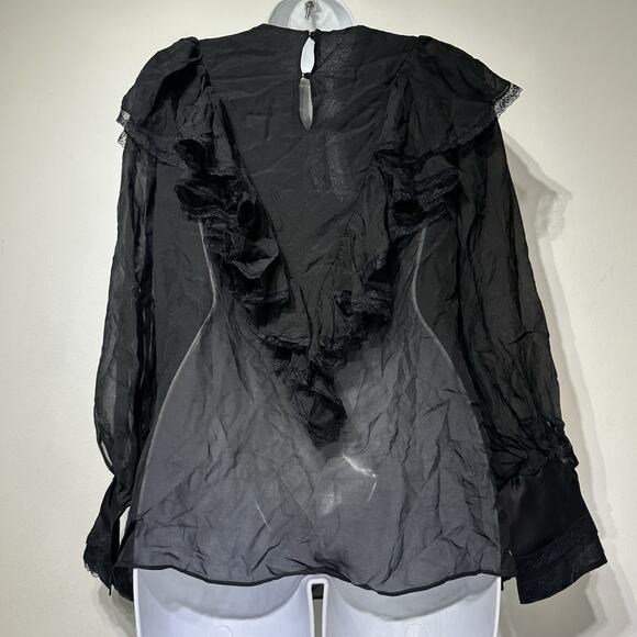 J.ING Black Ruffled Long Sleeve 100% Mulberry Silk Blouse Top Size M - Picture 5 of 10